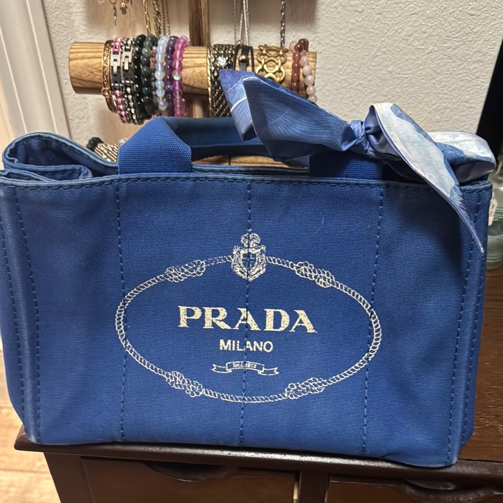 Prada Blue Canvas Tote with Scarf Accent